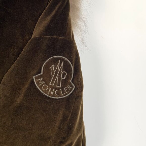 Moncler Brown Velvet Parka With Fur Trim & Orange Lining - Picture 5 of 8